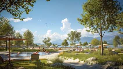 A rendering of the public park. The scene includes people relaxing in the style of swimming pools and sunbeds under umbrellas.