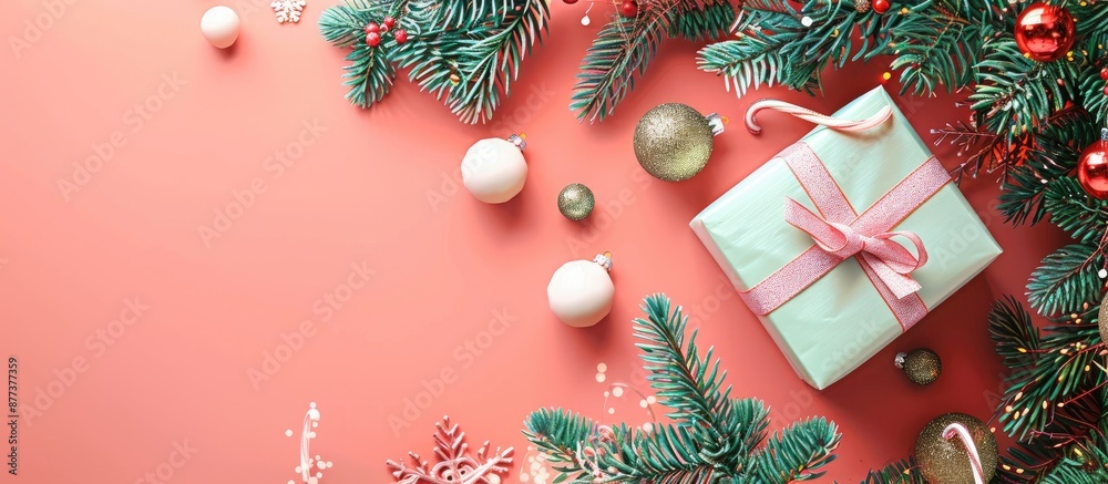 Poster Festive New Year atmosphere with gift box Christmas tree branches and decorations on a colored background suitable for a copy space image