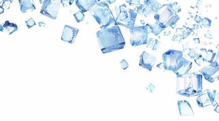 PUltra-realistic ice cubes falling on a white background as a transparent PNG without shadows in the middle of the picture.