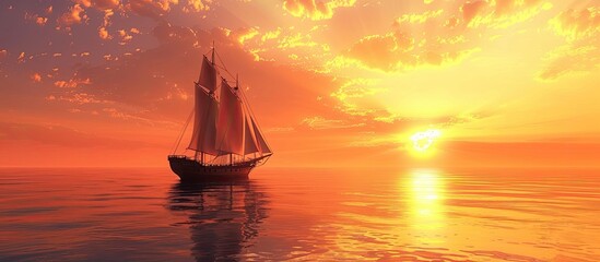 Fototapeta premium Peaceful sunset scene with an old ship sailing on calm ocean waves reflecting the setting sun offering ample copy space image