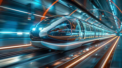 Futuristic Monorail is driving on an open track inside a tunnel.