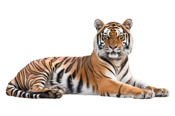 Obraz premium Majestic tiger lying down, alert gaze, striped coat on white background.