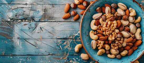 Bird s eye view of assorted nuts in a ceramic plate on a blue wooden backdrop with room for a copy space image