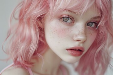 Portrait of a young woman with pink hair and freckles looking confident and stylish