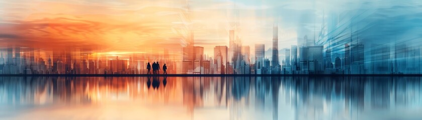 Fototapeta premium Abstract cityscape reflected in water with warm and cool tones.