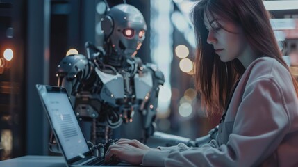In a modern setting, a young woman is seen working on a laptop with a digital interface and network overlay AIG62