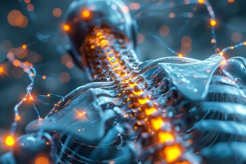Conceptual illustration of the human spine and nervous system with glowing lights