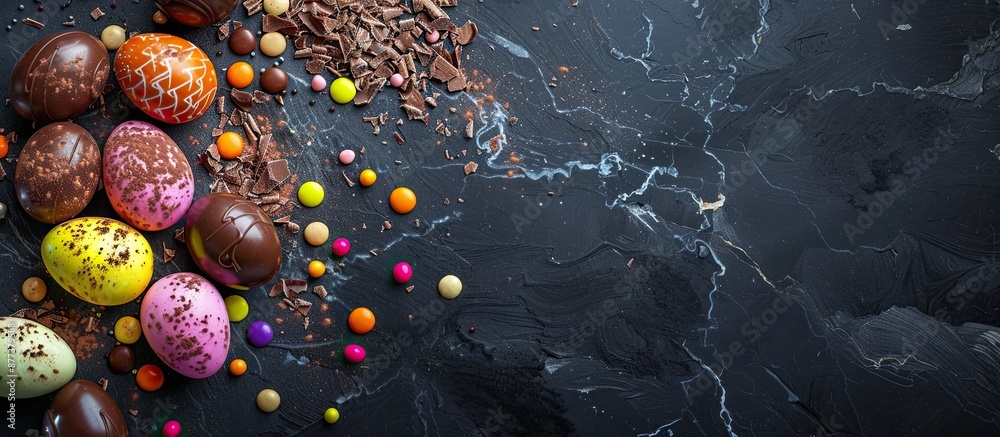 Wall mural Colorful chocolate eggs some broken mixed with sweets on a dark marble Perfect Easter image with space for text. Copy space image. Place for adding text and design