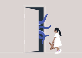 Childhood trauma, A young girl walks to an open door, holding a teddy bear, as a fearsome monster with tentacles emerges from the darkness