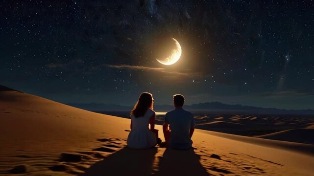 A couple seated on a sand dune in a vast desert, with crescent moon shining brightly above. Falling stars light up the clear, dark sky, romantic and awe-inspiring, 4K Animation video