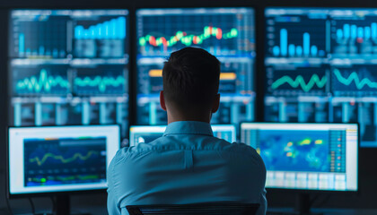 Data scientist analyzing big data on multiple screens, data analytics, technological advancements