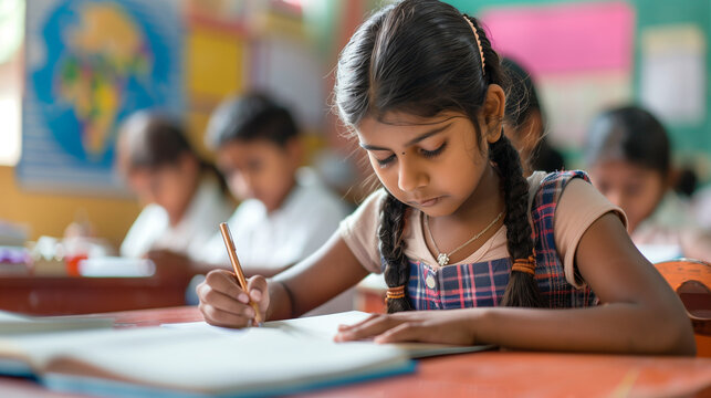 Indian girl writing in class, concentrating, listening to the teacher. Concept of diversity, multiracial, equality in school. Back to school.