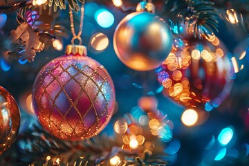 Closeup of a pink and gold christmas ornament hanging on a tree