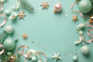 Festive christmas decorations with mint green and gold ornaments on a teal background
