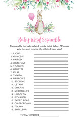 Baby Word Scramble Game Card with watercolor pink Peter Rabbit