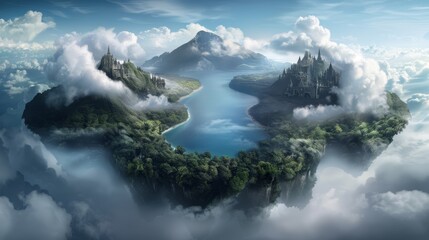 A surreal landscape with floating islands, lush greenery, and a winding river.  The clouds below create a dreamy atmosphere.