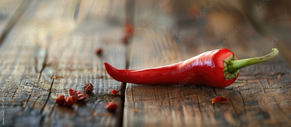 Canvas Prints A close up of a fresh red hot chili pepper on a wooden table providing ample copy space image