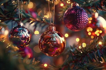 Festive christmas ornaments hanging on a decorated tree