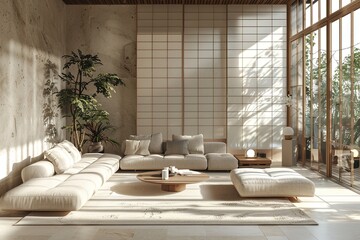 Modern interior japandi style design livingroom. Lighting and sunny scandinavian apartment with plaster and wood. 3d render illustration.