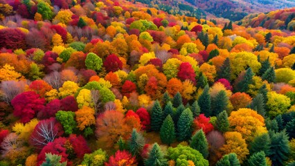 Aerial view of colorful autumn forest with vibrant red, orange, yellow, and green trees