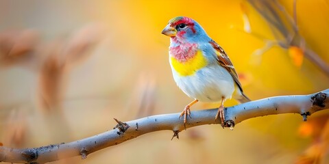 Fototapeta premium Vibrant Finch Camouflaged on Branch in Arizona, USA. Concept Nature, Birds, Wildlife, Camouflage, Photography