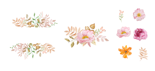 Watercolor autumn frames set with flowers, fall leaves