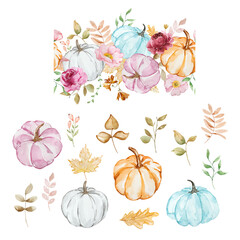 Watercolor autumn border with pumpkins, flowers, fall leaves