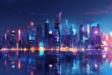 Obraz premium Nighttime View of a Modern City Skyline With Reflections in Water