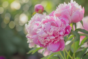 Obraz premium Close up of beautiful blooming peonies in a lush garden setting