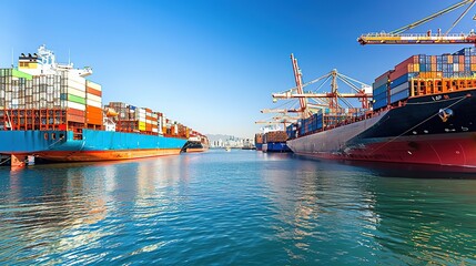 Fototapeta premium A_bustling_port_with_cargo_ships_lined_up_loaded_with_a_crain_generative_ai_image