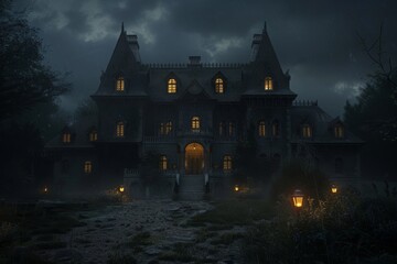 Obraz premium Large Dark Mansion With Lit Windows at Night