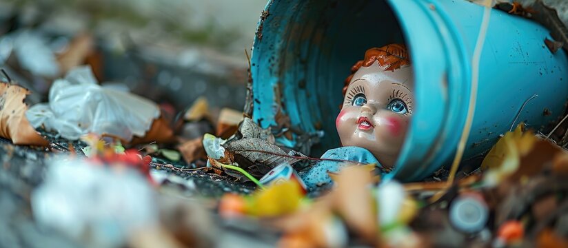 A discarded drawing doll lies in the trash can making it a disposable copy space image
