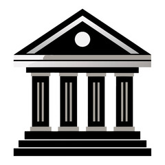 A sleek, modern icon of a bank building with columns, symbolizing financial institutions, banking services, and economic security, designed in a minimalist style, on a transparent background