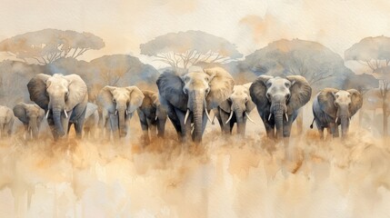 A herd of elephants walking through the savanna. The elephants are silhouetted against a hazy background of trees.  The image is painted in a watercolor style.