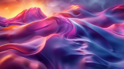 Fototapeta premium Vivid Sunset Over Abstract Mountain Waves in Purple and Orange Hues with Smooth Textures and Gradient Transitionsvivid