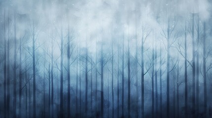 Obraz premium A misty forest with tall, bare trees silhouetted against a cloudy sky. The image evokes a sense of mystery and tranquility.