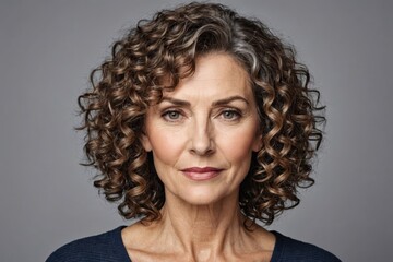Portrait of Beautiful  mature woman model with curly hairstyle . Fashion, cosmetics and makeup