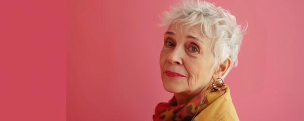 Fototapeta premium A older woman with gray hair is sitting and looking up. Free copy space for banner.