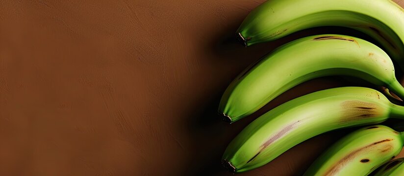 Green unripe bananas showcased on a warm toned brown backdrop with ample copy space image