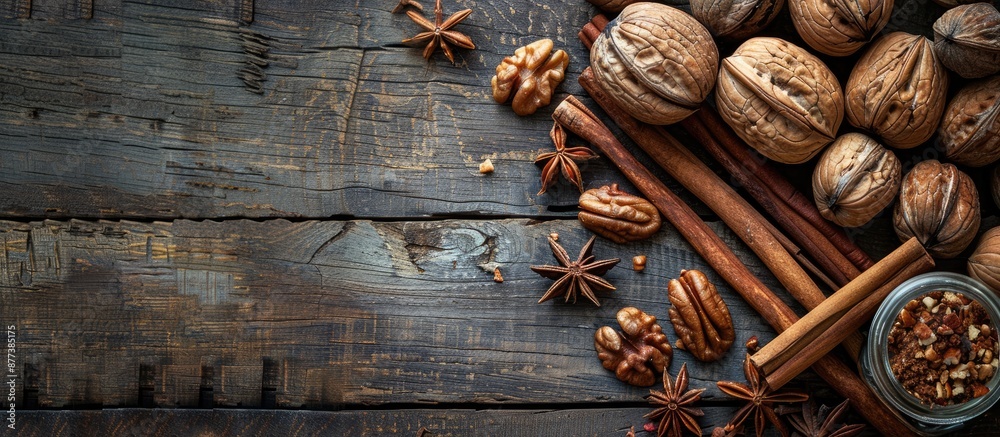 Canvas Prints Copy space image of walnuts pecans and cinnamon sticks on a wooden backdrop