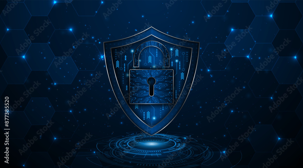 Poster Cyber ​​security concept with shield symbol and lock. Data protection and cyber privacy. modern security technology innovation concept background
