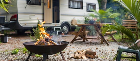 A metal black firepit bowl with logs sits in a garden with an RV house garden furniture and a round fire steel pit offering a cozy outdoor party spot with copy space image near a caravan trailer