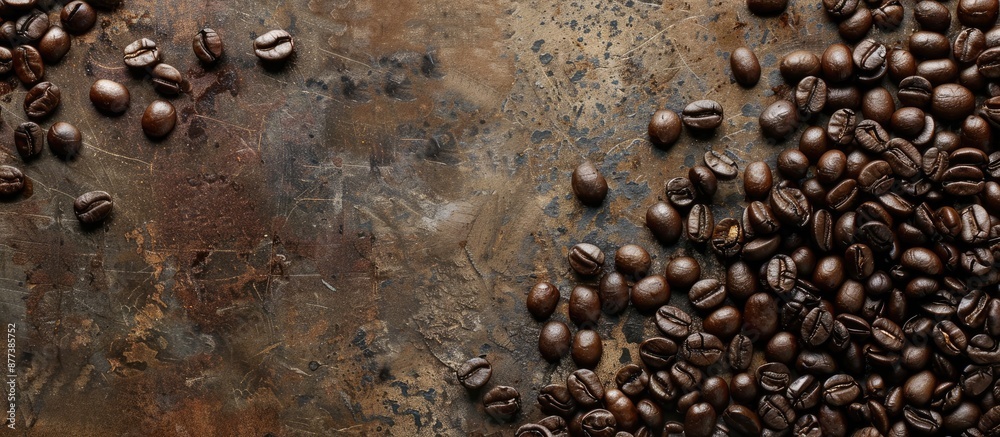 Poster Black coffee beans against a weathered backdrop with copy space image