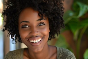 Beautiful black woman with afro hairstyle smiling in green shirt