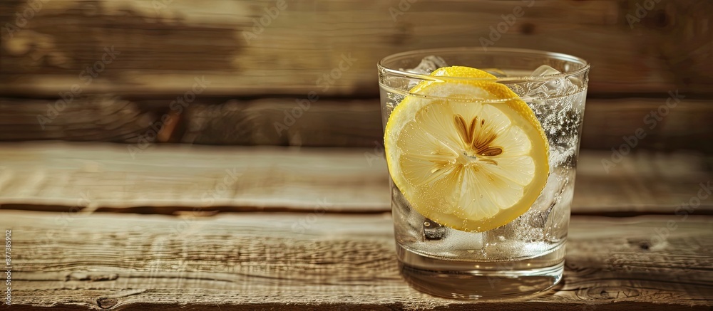 Sticker Gin and tonic with a lemon slice placed on a wooden table with a background perfect for a copy space image