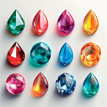 Collection of stylized multi-colored gemstones icons, labels, badges, illustration. Crystals gems icons of different types. Jewelry, treasures, costume jewelry, set of shiny stones art.