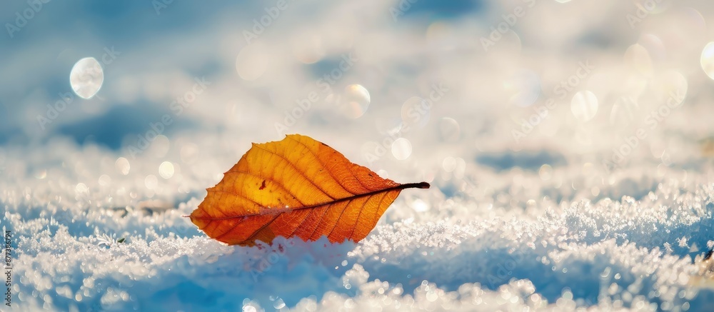 Sticker a dry autumn leaf rests on the snowy ground creating a serene scene with copy space image