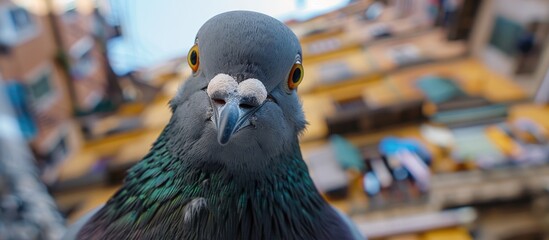 A pigeon captured in an extreme closeup image appearing very curious illustrating the concept of curiosity. Copy space image. Place for adding text and design © Ilgun