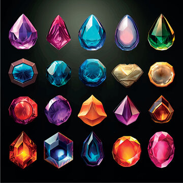 Collection of stylized multi-colored gemstones icons, labels, badges, illustration. Crystals gems icons of different types. Jewelry, treasures, costume jewelry, set of shiny stones art.