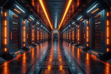Futuristic high-tech data center with endless corridor of illuminated server racks glowing in blue and orange neon lights, advanced technology conceptfuturistic